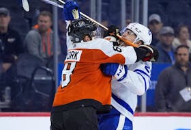 Philadelphia Flyers' Cam York, left, collides with Toronto Maple Leafs' Matthew Knies during a game last week. The two team will go at it again on Tuesday night. 
