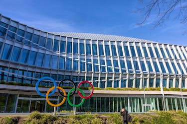 The Olympic rings are seen in front to International Olympic Committee (IOC) headquarters in Lausanne, Switzerland, March 19, 2024.