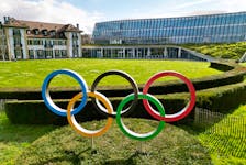 Drone view of the Olympic rings in front to International Olympic Committee (IOC) headquarters in Lausanne, Switzerland, March 19, 2024.