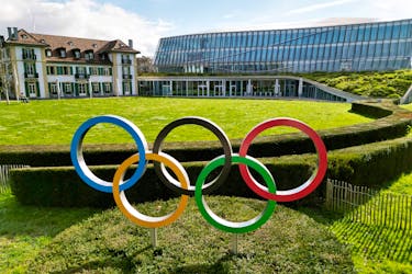 Drone view of the Olympic rings in front to International Olympic Committee (IOC) headquarters in Lausanne, Switzerland, March 19, 2024.