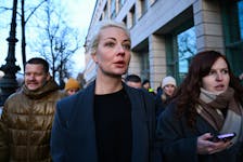 Yulia Navalnaya, the widow of Alexei Navalny, the Russian opposition leader who died in a prison camp, looks on after leaving the Russian Embassy on the final day of the presidential election in Russia, in Berlin, Germany, March 17, 2024.