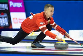 Defending champion Brad Gushue of Team Canada practices with his team before the 2024 Montana's Brier at the Brandt Centre on Friday, March 1, 2024 in Regina. 