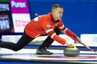 Defending champion Brad Gushue of Team Canada practices with his team before the 2024 Montana's Brier at the Brandt Centre on Friday, March 1, 2024 in Regina. 
