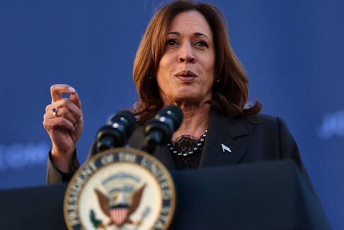 U.S. Vice President Kamala Harris delivers a speech during a Get Out The Vote rally ahead of the Democratic presidential primaries at South Carolina State University in Orangeburg, South Carolina, U.S., February 2, 2024.