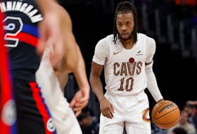 Mar 1, 2024; Detroit, Michigan, USA;  Cleveland Cavaliers guard Darius Garland (10) dribbles in the second half against the Detroit Pistons at Little Caesars Arena. Mandatory Credit: Rick Osentoski-USA TODAY Sports