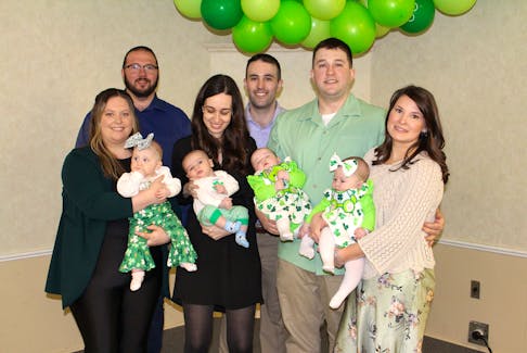 Three families gathered to celebrate the baptisms of four children on St. Patrick’s Day.The families are from North Sydney and after the baptisms gathered at the North Sydney Fire Hall where we celebrated St Patrick’s Day with family and friends. From the left are Kelsey Lomond and Bob Lomond with their daughter Bobbie, seven months old, Kelsey Foss and Matthew King with their son Kaiden, two months old, and Cody King and Victoria Dunphy with twin daughters Rosalynn and Brooklynn, who are five months old.