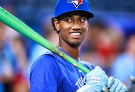 Arjun Nimmala of the Toronto Blue Jays and the 1st pick in the 2023 Major League Baseball draft takes part in batting practice prior to the Blue Jays game against the Arizona Diamondbacks at Rogers Centre on July 14, 2023 in Toronto, Ontario, Canada.