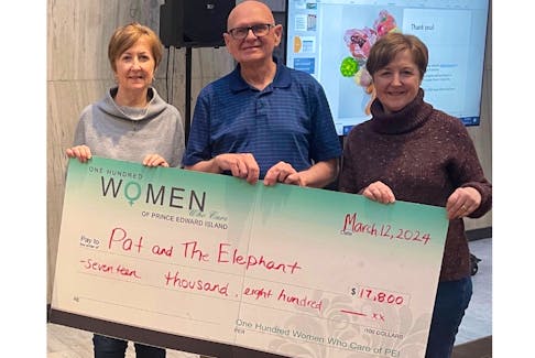 100 Women Who Care P.E.I. members Anne McKenna, left, and Pat Power, right, present Ron Gillespie, centre, representing Pat & The Elephant, with a donation of $17,800.