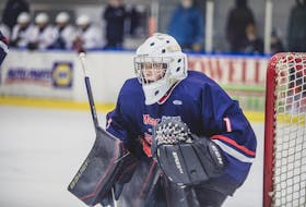 Andrew Akerman backstopped the CBN Junior Stars to a Game 4 win in their best-of-seven St. John’s Junior Hockey League semifinal series. For Akerman, it was his first junior league start and win. Photo courtesy Pamela Edwards/Snap Studio By Pam