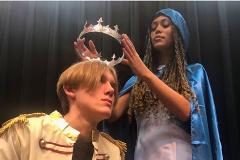 Liam Thomson, left, who plays the part of Ben, son of Beauty and the Beast, being crowned by Fairy Godmother Trinity Dlamini in Disney’s Descendants, which will be presented at Northumberland Regional High School March 28-30. Rosalie MacEachern