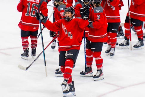 Former Ottawa forward Lexie Adzija (88) and fellow teammates celebrate a 3-1 victory over the PWHL Toronto following third period regular season hockey action at TD Place in Ottawa, on Tuesday, Jan. 23, 2024.