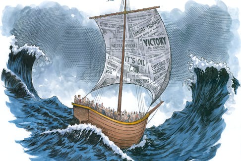 Bruce MacKinnon cartoon depicting the Chronicle Herald's long history as we sail into stormy financial seas. - Bruce MacKinnon