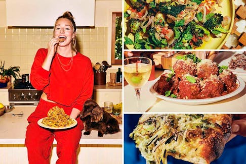 Clockwise from left: cookbook author, recipe developer and video host Molly Baz, crispy, crunchy brocc and grains with so much mint, Mollz ballz and tangled leek 'za. PHOTOS BY PEDEN + MUNK
