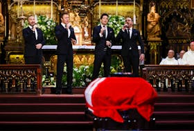 The Tenors perform during a state funeral of late former Canadian Prime Minister Brian Mulroney, who died on February 29 at the age of 84, at the Notre-Dame Basilica of Montreal, Quebec, Canada March 23, 2024.