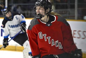 Ottawa's Daryl Watts  celebrates a goal against Toronto during second period PWHL hockey action in Ottawa on Saturday, March 23, 2024. 