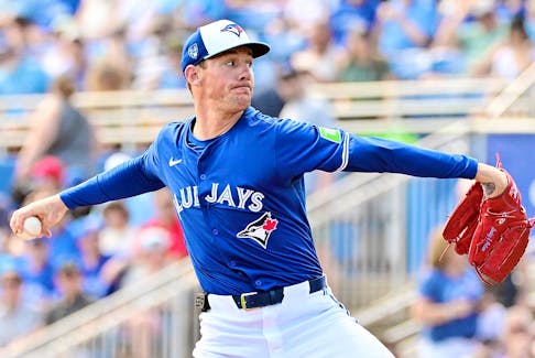 Chris Bassitt of the Blue Jays delivers a pitch to the New York Yankees during a 2024 Grapefruit League Spring Training game at TD Ballpark on March 8, 2024 in Dunedin, Florida.  
