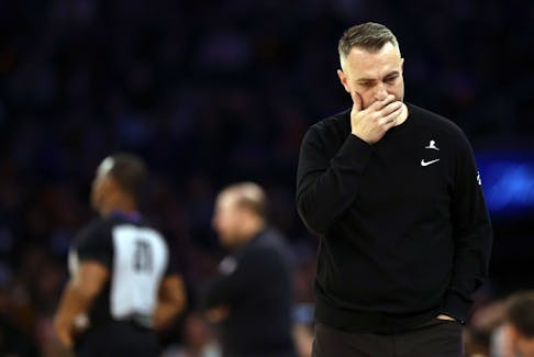 Raptors head coach Darko Rajakovic reacts during the first half against the New York Knicks at Madison Square Garden on Jan. 20, 2024 in New York City. 