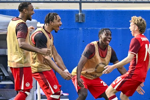 Canada forward Jacob Shaffelburg (right) of POrt Williams celebrates with his teammates after scoring a goal against Trinidad and Tobago during the second half Saturday in Frisco, Texas. - Jerome Miron / USA Today Sports