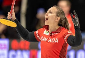  Canada skip Rachel Homan celebrates after defeating Korea to advance to the gold-medal game at the World Women’s Curling Championship in Sydney, N.S. on Saturday, March 23, 2024.