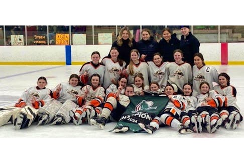 The Charlottetown-based Central Storm recently won the P.E.I. Under-15 AAA Female Hockey League championship with a three-game sweep of the Mid-Isle Wildcats. Members of the Storm are, front row, from left: Danika Hood, Sarah Heartz, Katelyn Herring, Mullen MacIntyre, Carlee McGuigan, Avery MacPhee, Dawsyn Smith, Charleigh MacDougall, Stella Myers, Elin Reardon and Allie Campbell. Middle row: Holly Robertson, Bella Rae Matheson, Camryn Reardon, Macy Citrome, Kendal Ford and Cadence Player. Back row: Nicolle Derry (assistant coach), Jordan Miller (head coach), Ceili Randall (assistant coach) and Mariah Carey (assistant coach).