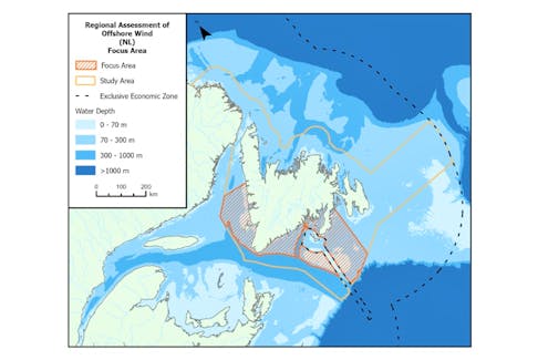 This map depicts the focus area for the independent committee for regional assessment for offshore wind development in Newfoundland and Labrador decided on in November 2023. The map additionally shows the study area set out in the agreement and information on water depth.