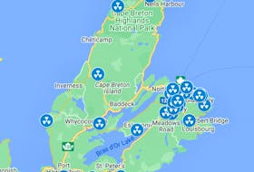 A map of radon testing sites in Cape Breton.