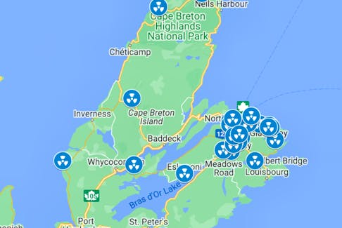 A map of radon testing sites in Cape Breton.