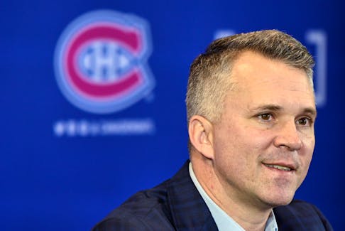 Martin St. Louis looks on during a meeting to introduce him as the new interim coach for the Montreal Canadiens, in Brossard, Quebec, Canada, February 10, 2022.