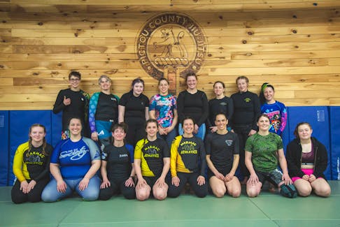 Fighters from all over gathered at the Pictou County Jiu Jitsu Club for the first-ever all-female card in the Maritimes. At the club was, from front, Akira Taylor, left, Kaitlyn Wilcox, Candace Hanifen, Amy Ackles, Fabie Simpson, Valerie Latour, Jen Jennings, Ash Nicholson. In back, Sam Benham, left, Brea Lynn, Katherine Hayes, Charlene Barkhouse, Mary Kauffman, Jaclyn Wilson, Hayley MacLeod, Jenna Hupalo. Nick Gaines