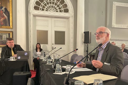 Vince Calderhead, a human rights and poverty lawyer, presents to the Law Amendments Committee at Province House in Halifax Monday.