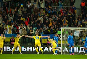 Soccer Football - Euro 2024 Qualifier -Play-Off- Ukraine v Iceland - Stadion Miejski Wroclaw, Wroclaw, Poland - March 26, 2024 Ukraine's Mykhailo Mudryk celebrates scoring their second goal with Volodymyr Brazhko
