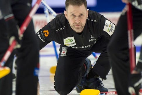 Team Canada skip Brad Gushue during the World Men's Curling Championship in 2023.