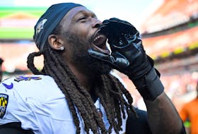 Oct 1, 2023; Cleveland, Ohio, USA; Baltimore Ravens linebacker Jadeveon Clowney (24) celebrates after a win over the Cleveland Browns at Cleveland Browns Stadium. Mandatory Credit: David Richard-USA TODAY Sports/File Photo