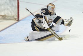 Charlottetown Islanders goaltender Carter Bickle makes a save during a Quebec Maritimes Junior Hockey League (QMJHL) regular-season game at Eastlink Centre. Bickle will get the start in Game 1 of the playoffs against the Baie-Comeau Drakkar on March 29. Jason Simmonds • The Guardian