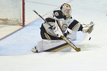 Charlottetown Islanders goaltender Carter Bickle makes a save during a Quebec Maritimes Junior Hockey League (QMJHL) regular-season game at Eastlink Centre. Bickle will get the start in Game 1 of the playoffs against the Baie-Comeau Drakkar on March 29. Jason Simmonds • The Guardian
