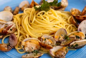 A view of a plate of spaghetti alle vongole (spaghetti with clams) at a restaurant in Rome, Italy, March 25, 2024.