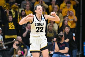 Mar 25, 2024; Iowa City, IA, USA; Iowa Hawkeyes guard Caitlin Clark (22) reacts during the third quarter against the West Virginia Mountaineers of the NCAA second round game at Carver-Hawkeye Arena. Mandatory Credit: Jeffrey Becker-USA TODAY Sports/File Photo