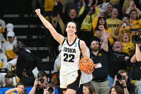 Mar 25, 2024; Iowa City, IA, USA; Iowa Hawkeyes guard Caitlin Clark (22) reacts late during the fourth quarter against the West Virginia Mountaineers of the NCAA second round game at Carver-Hawkeye Arena. Mandatory Credit: Jeffrey Becker-USA TODAY Sports