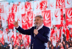 Mehmet Altinoz, mayoral candidate of the Islamist New Welfare Party, speaks during a rally ahead of the local elections in Istanbul, Turkey, March 24, 2024.