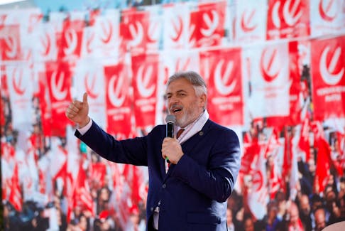 Mehmet Altinoz, mayoral candidate of the Islamist New Welfare Party, speaks during a rally ahead of the local elections in Istanbul, Turkey, March 24, 2024.