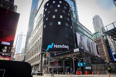 The Nasdaq Market site is seen on the day that shares of Truth Social and Trump Media & Technology Group start trading under the ticker "DJT", outside the Nasdaq Market site in New York City, U.S., March 26, 2024. 