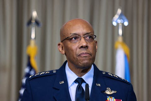 U.S. General Charles Q. Brown Junior looks on during a media statement at the American military's Ramstein Air Base, near Ramstein-Miesenbach, Germany, March 19, 2024.