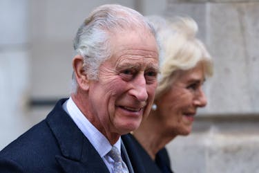 Britain's King Charles leaves the London Clinic with Queen Camilla after receiving treatment for an enlarged prostate in London, Britain January 29, 2024.