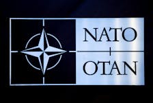 The logo of NATO is seen at a meeting of the North Atlantic Council in the NATO defence ministers' session together with Sweden as the invitee, at the Alliance's headquarters in Brussels, Belgium February 15, 2024.