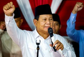 Indonesia's front-runner presidential candidate and Defence Minister Prabowo Subianto gestures as he delivers his speech after the country's election commission announced last month's presidential election result, in Jakarta, Indonesia, March 20, 2024.
