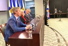 Premier Tim Houston is shown at Thursday's announcement with, (from left) Lynne McCarron, Executive Director of United Way Cape Breton; Paul Mason, Executive Director of the Emergency Management Office;Gordon Delano, Regional Director at the Department of Natural Resources & Renewables.