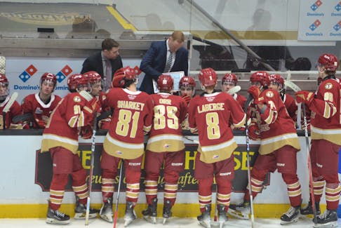 Acadie-Bathurst Titan general manager and head coach Gordie Dwyer of Stratford, P.E.I., draws up a play on the board during a timeout of a recent Quebec Maritimes Junior Hockey League game against the Charlottetown Islanders at Eastlink Centre. Jason Simmonds • The Guardian