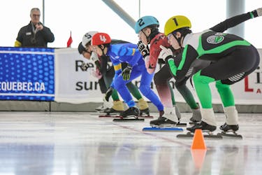 P.E.I. speed skater Tiernan Dewar, right, will line up against the best 13-year-old short track speed skaters from Quebec, Ontario and the Atlantic provinces at the Canadian Youth Short Track Championships - East in Rimouski, Quebec this weekend. Speed Skating Canada/Photographie TB.
