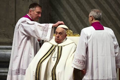 Pope Francis attends the Chrism Mass in St. Peter's Basilica at the Vatican, March 28, 2024.