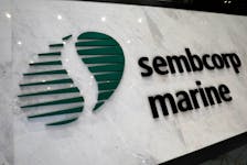 The Sembcorp Marine sign is pictured at the shipyard in Singapore, May 23, 2019.